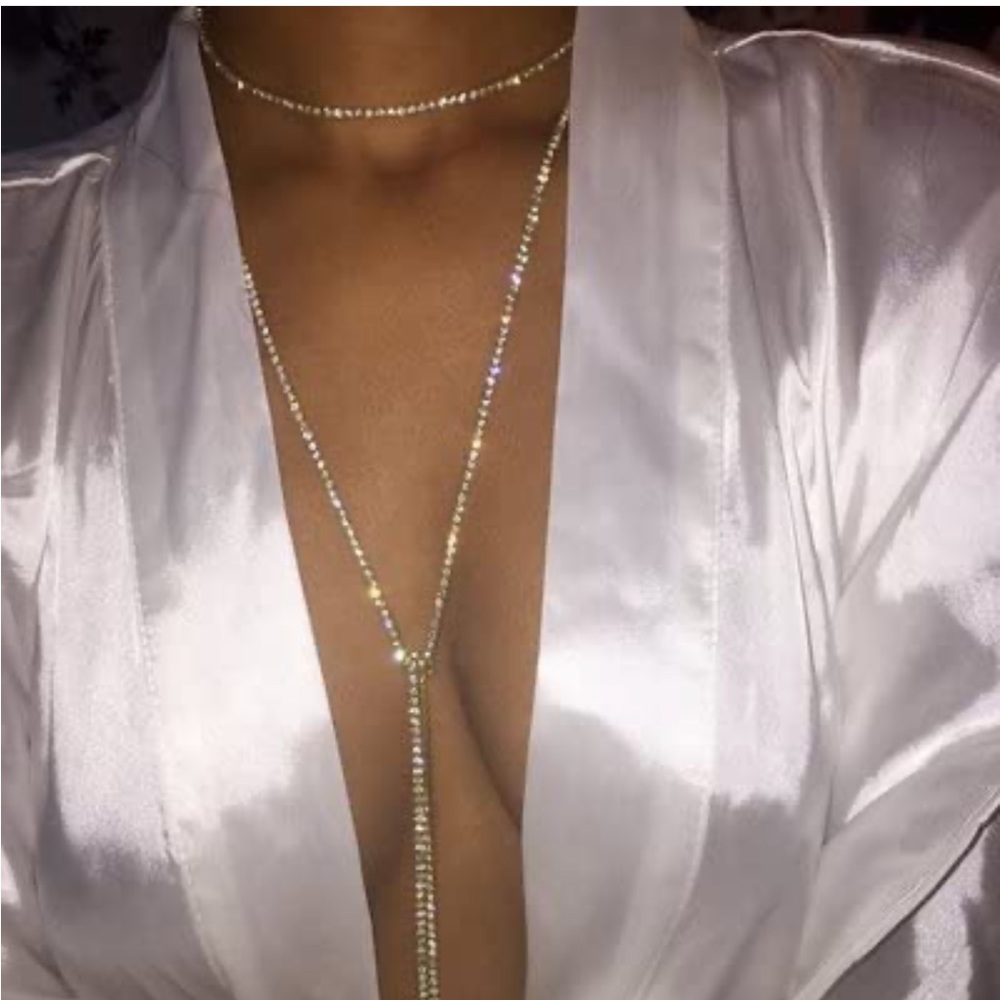 Boho Tennis Chain Rhinestones Choker Long Chain Necklace